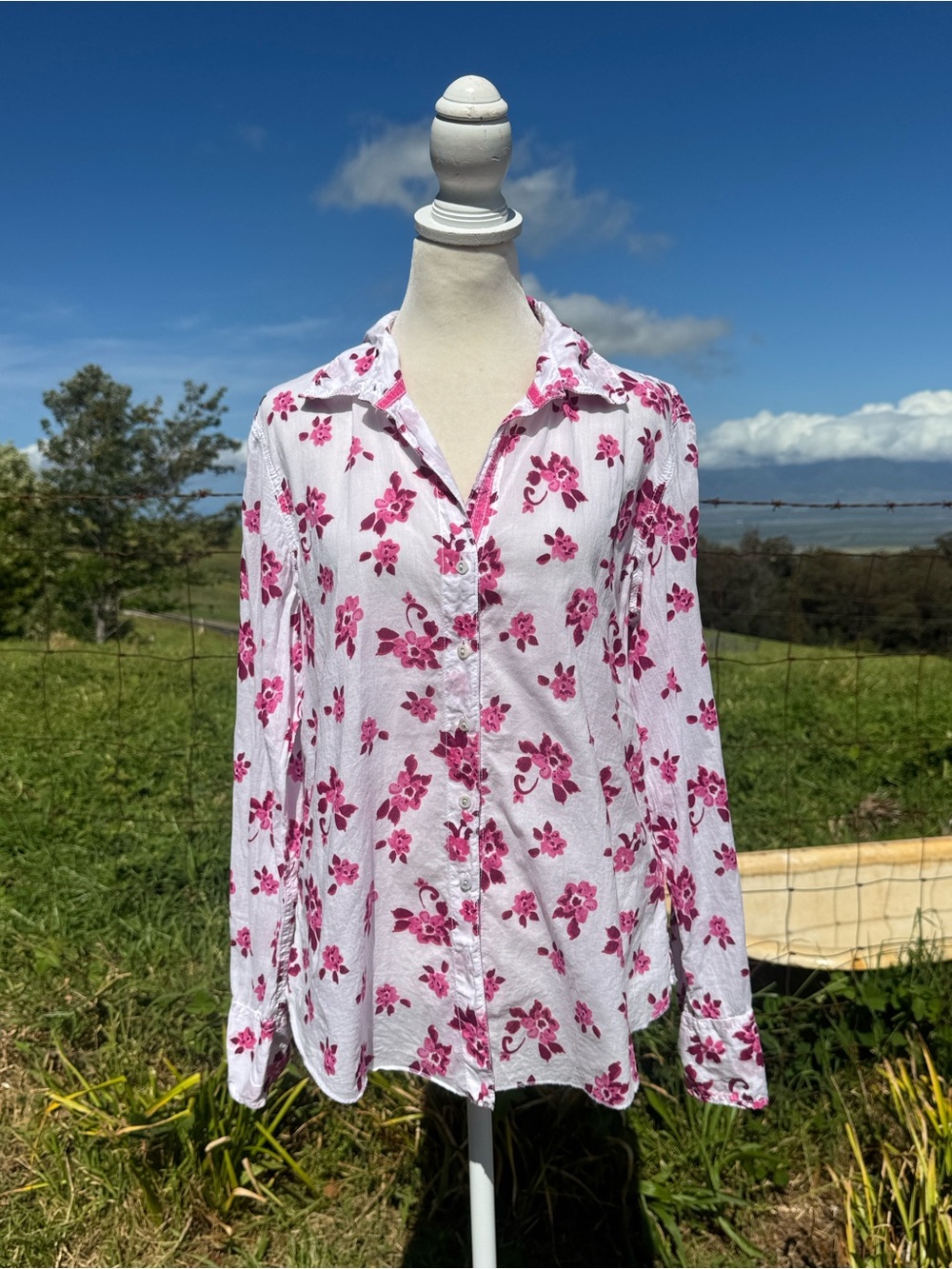 Cino Crinkle Cotton Pink Fushia floral Long Sleeve button up Medium